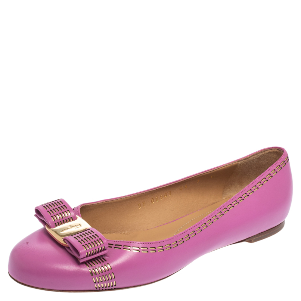 Salvatore Ferragamo Pink Leather Vara Bow Ballet Flats Size 37.5