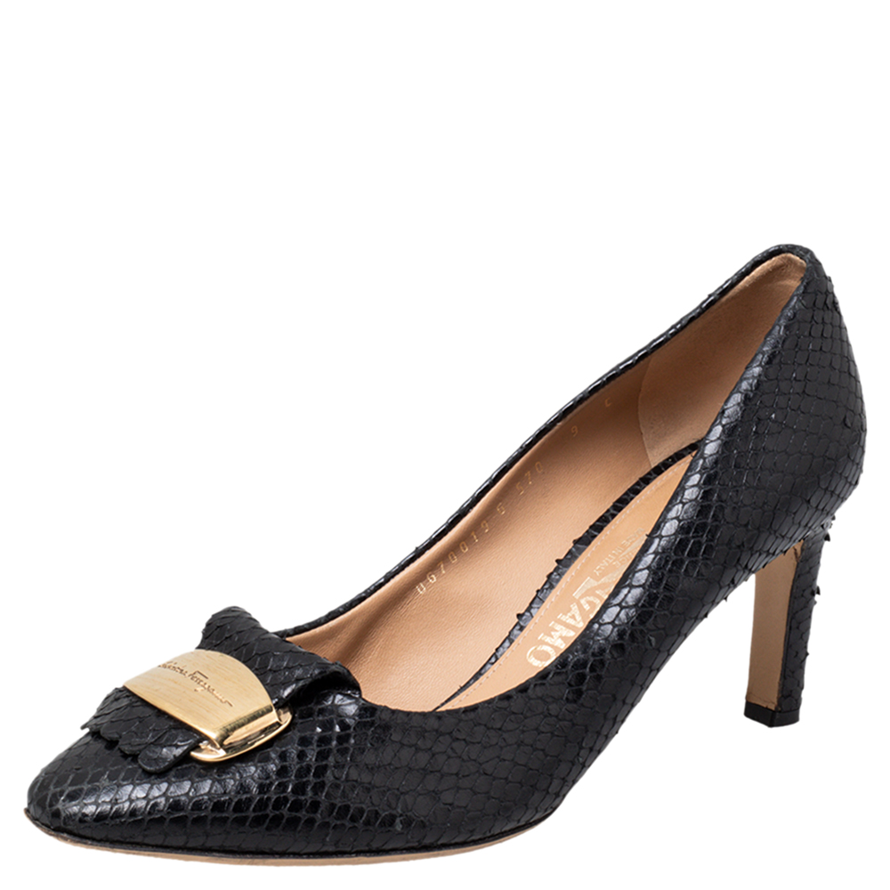 

Salvatore Ferragamo Black Python Embossed Leather Logo Embellished Pumps Size