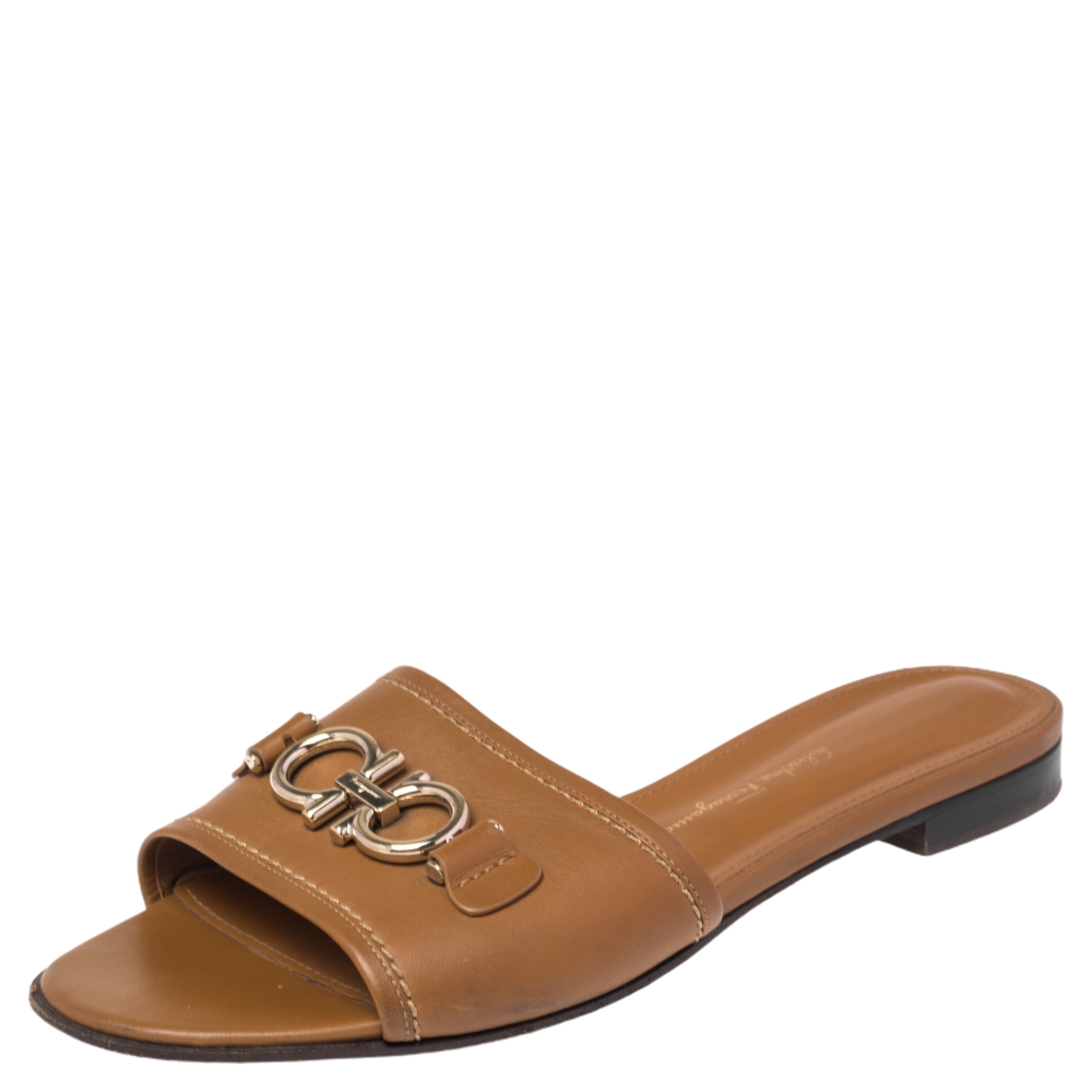 Salvatore Ferragamo Beige Leather Gancini Slide Sandals Size 37