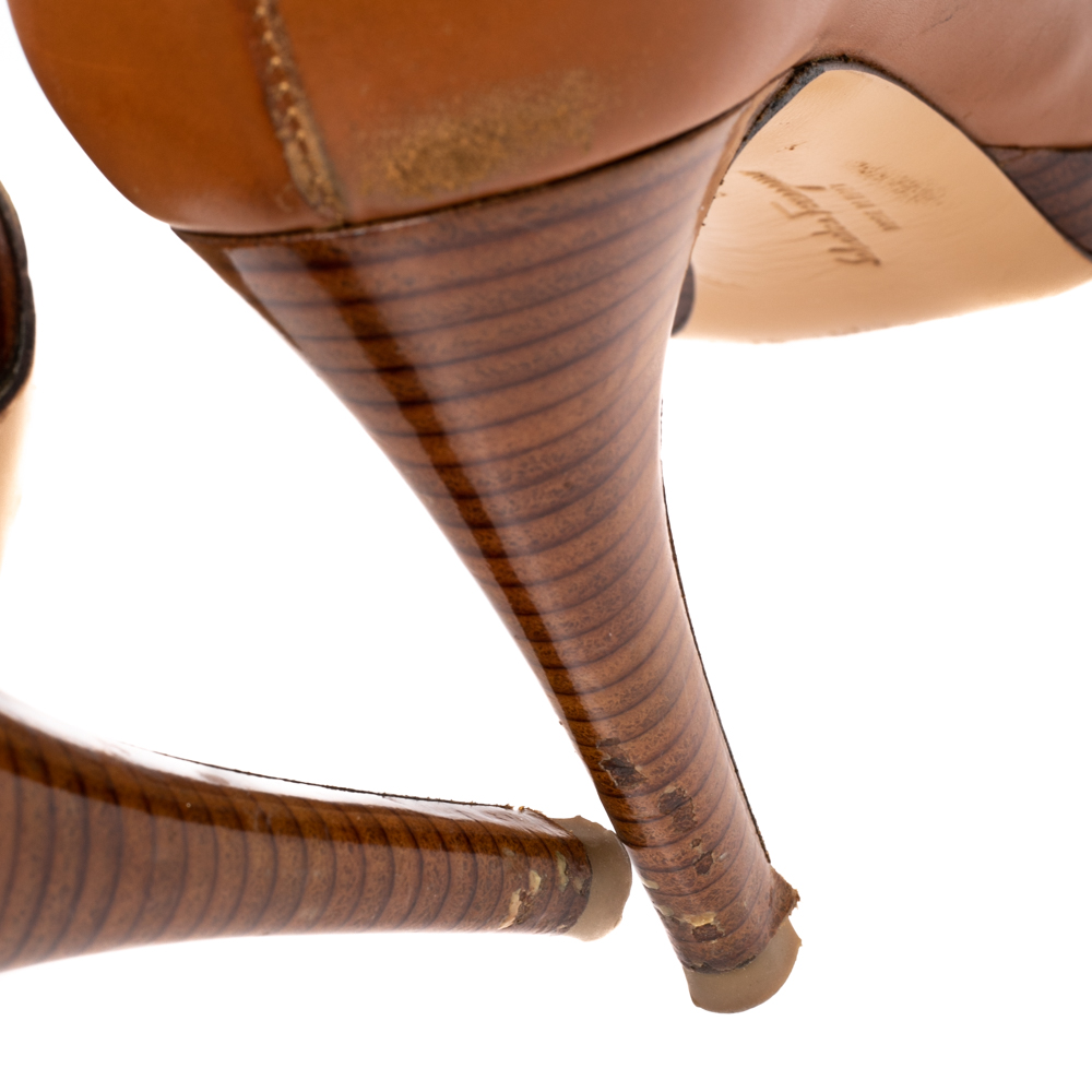 Salvatore Ferragamo Brown Leather Vara Bow Peep Toe Pumps Size 38