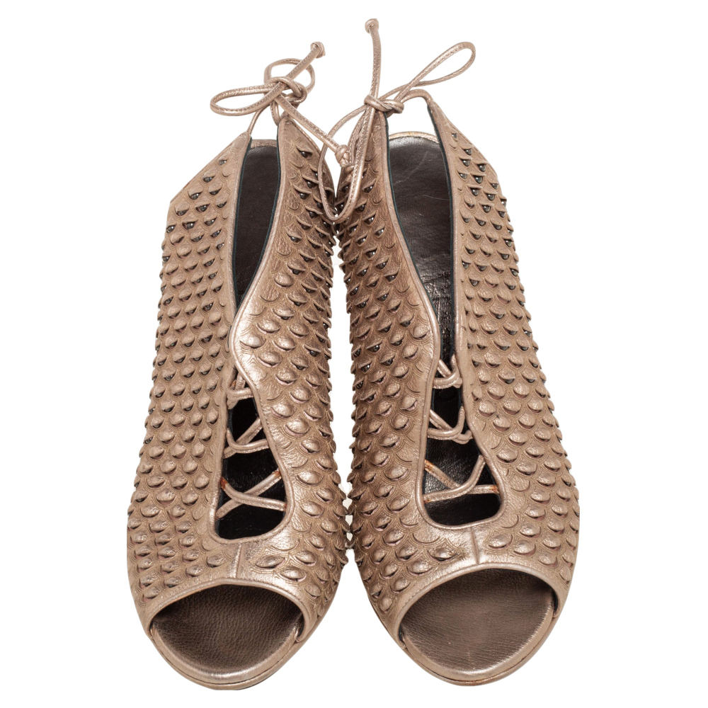 Salvatore Ferragamo Metallic Beige Python Embossed Leather Studded Slingback Sandals Size 39
