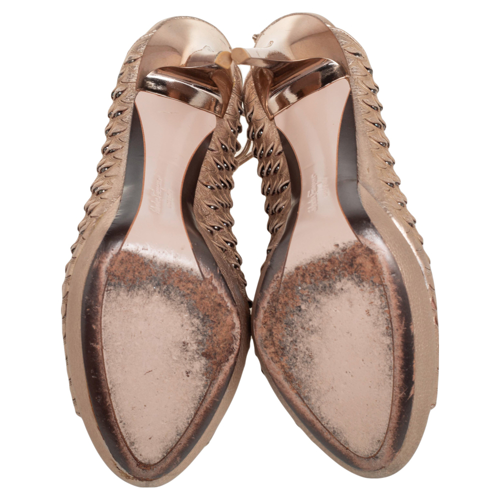 Salvatore Ferragamo Metallic Beige Python Embossed Leather Studded Slingback Sandals Size 39