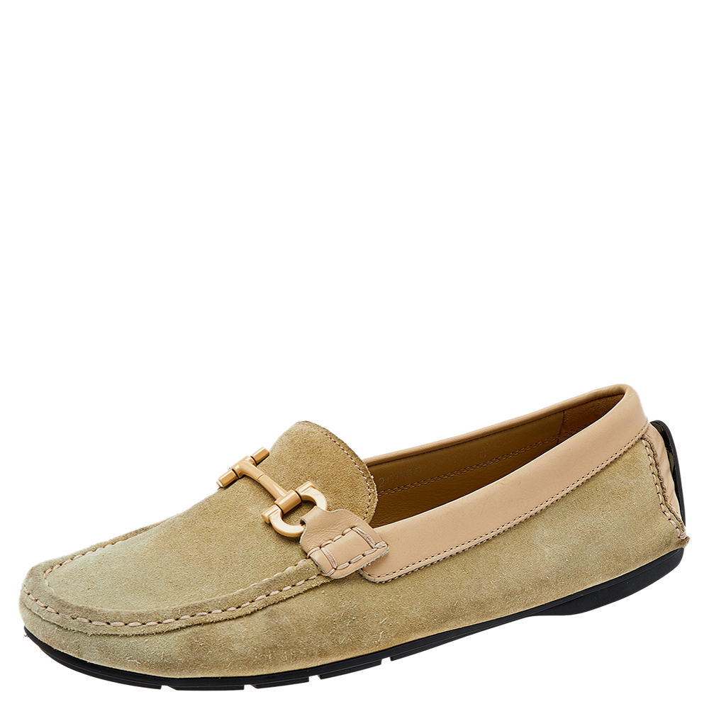 Salvatore ferragamo green/beige suede and leather gancini bit slip on loafers size 39.5