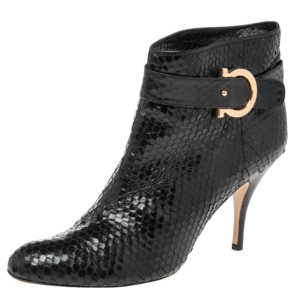 Salvatore Ferragamo Black Python Embossed Leather Ankle Boots Size 41.5