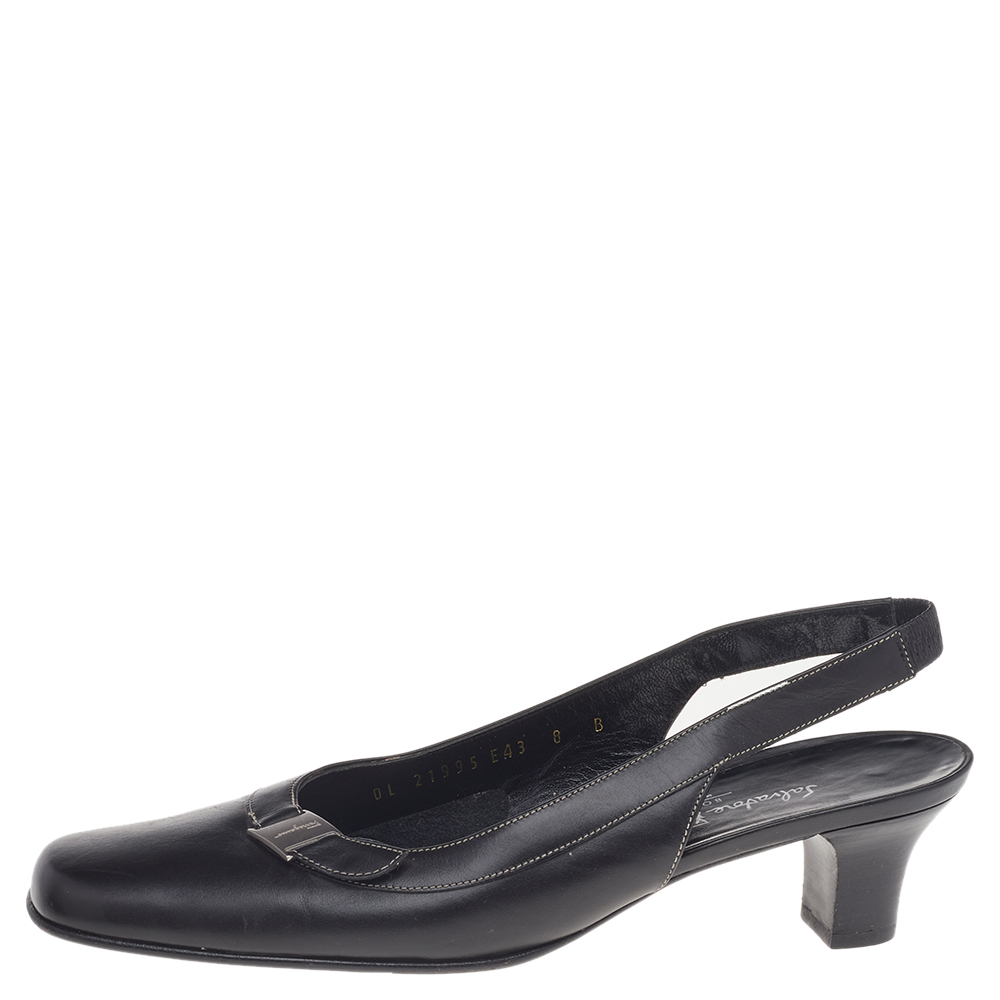 Salvatore Ferragamo Black Leather Square Toe Slingback Pumps Size 38.5