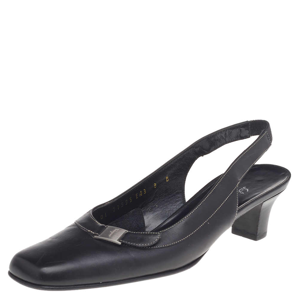 Salvatore Ferragamo Black Leather Square Toe Slingback Pumps Size 38.5