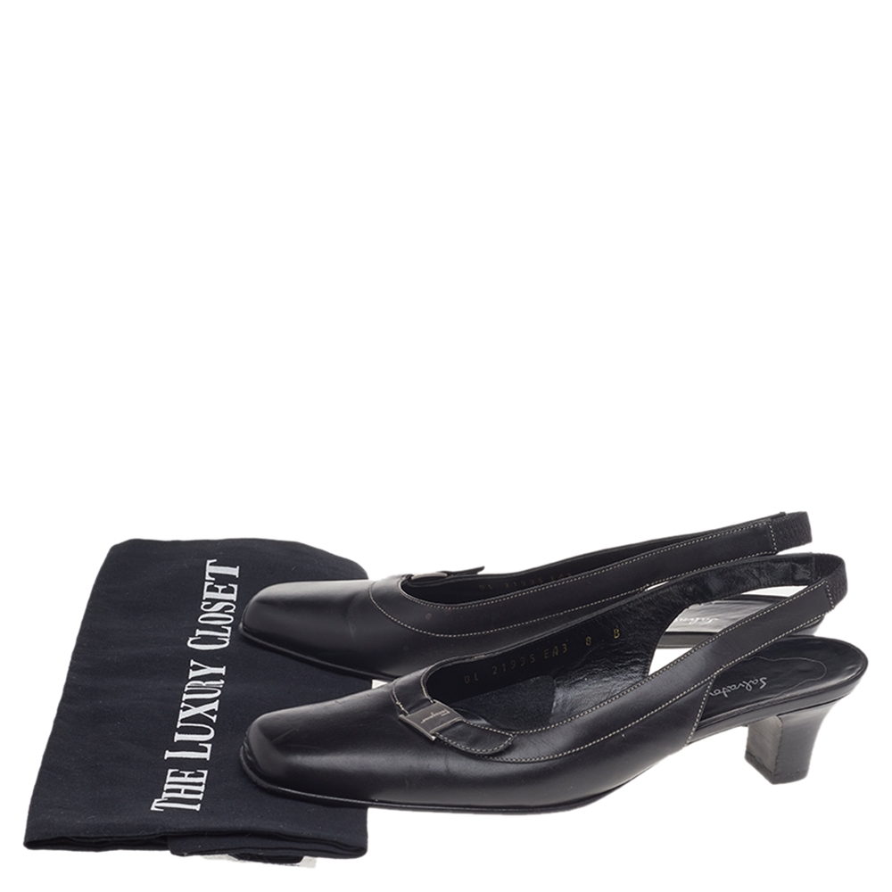 Salvatore Ferragamo Black Leather Square Toe Slingback Pumps Size 38.5