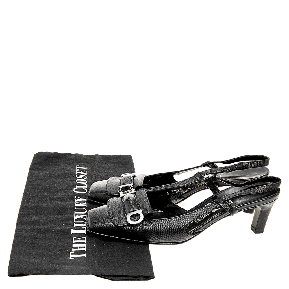 Salvatore Ferragamo Black Saffiano Leather Buckle Detail Slingback Sandals Size 36.5