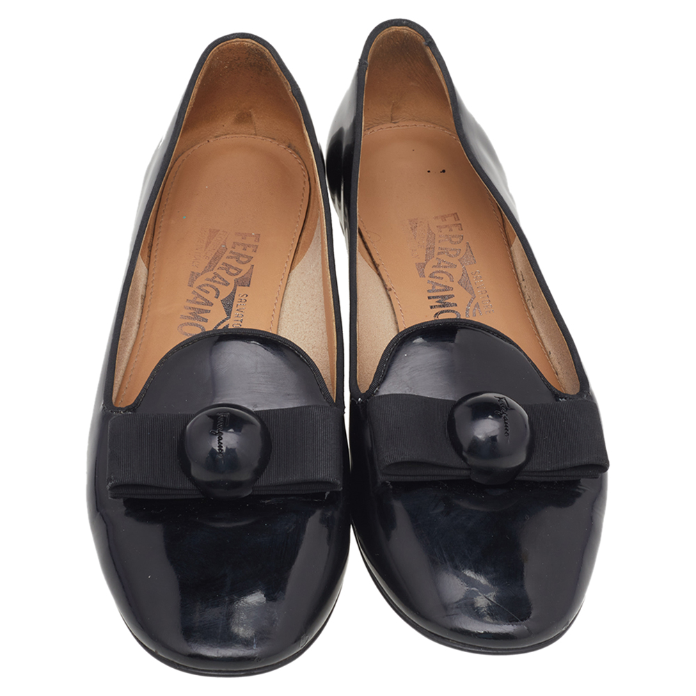 Salvatore Ferragamo Black Patent Leather Bow Smoking Slippers Size 37