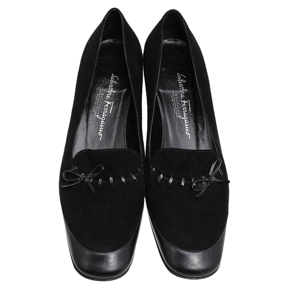 Salvatore Ferragamo Black Leather And Suede Bow Pumps Size 38.5