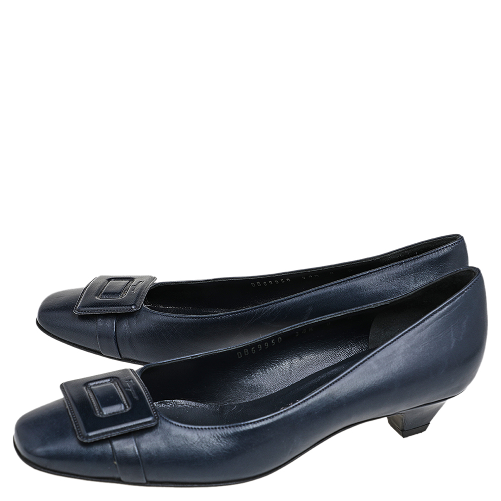 Salvatore Ferragamo Dark Blue Leather Block Heel Pumps Size 38.5