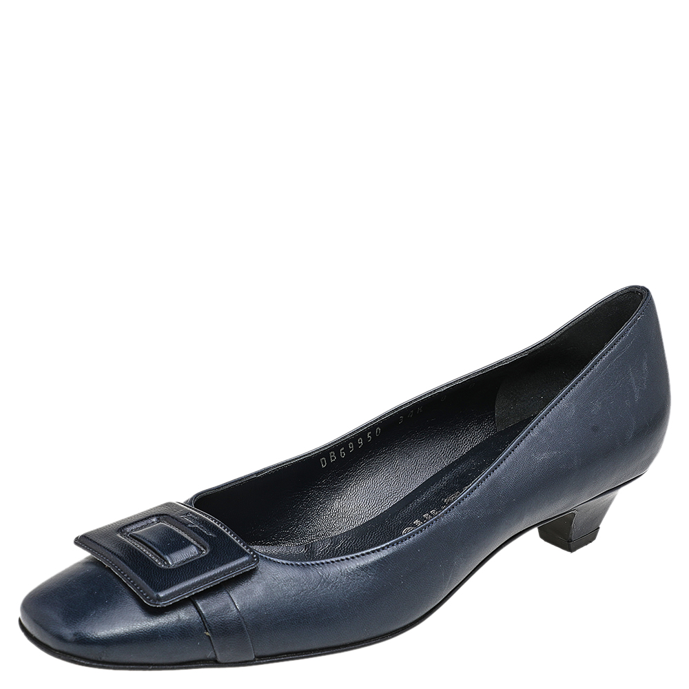 Salvatore Ferragamo Dark Blue Leather Block Heel Pumps Size 38.5