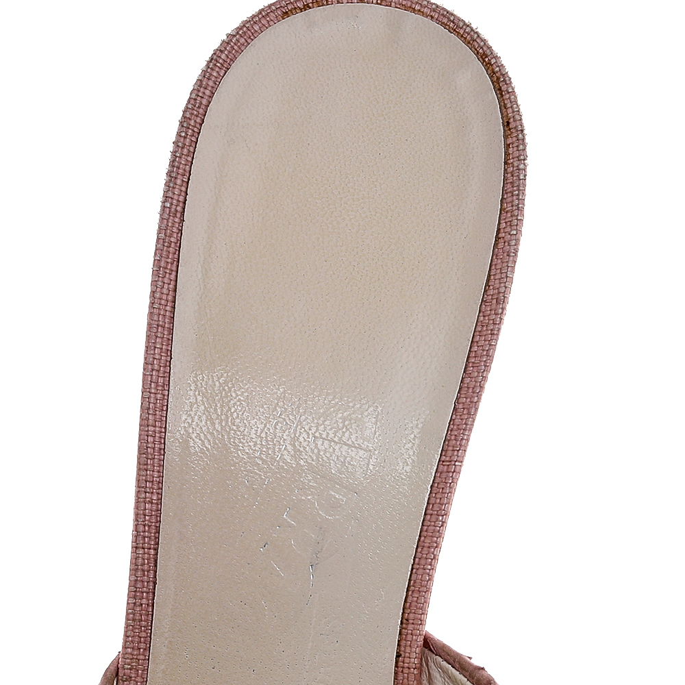 Salvatore Ferragamo Pink Snakeskin Embossed Leather And Raffia Bow Peep Toe Slide Sandals Size 37