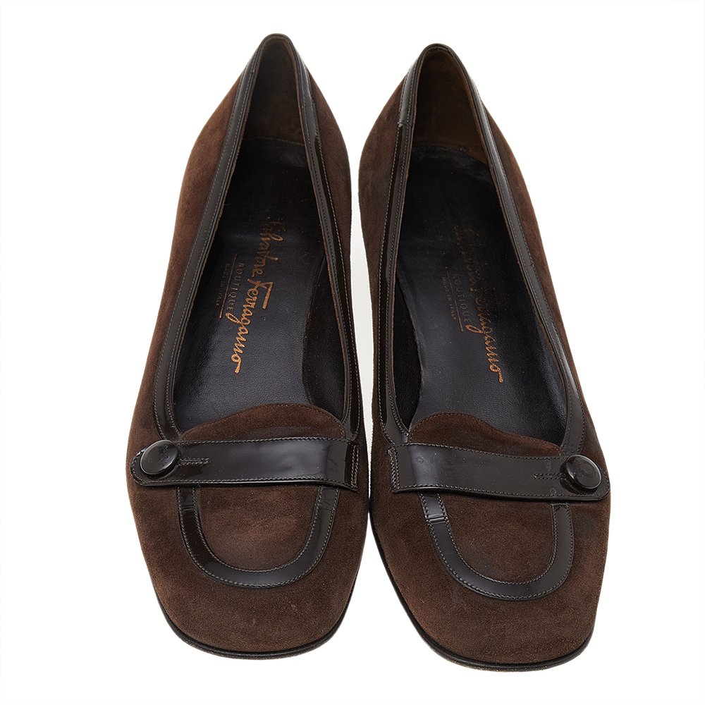 Salvatore Ferragamo Dark Brown Suede And Patent Leather Block Heel Pumps Size 38.5