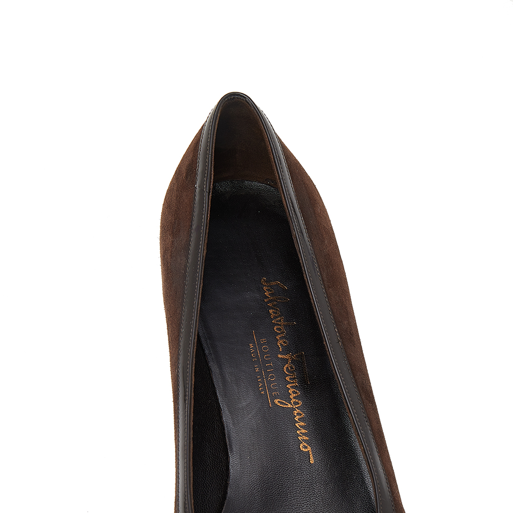 Salvatore Ferragamo Dark Brown Suede And Patent Leather Block Heel Pumps Size 38.5