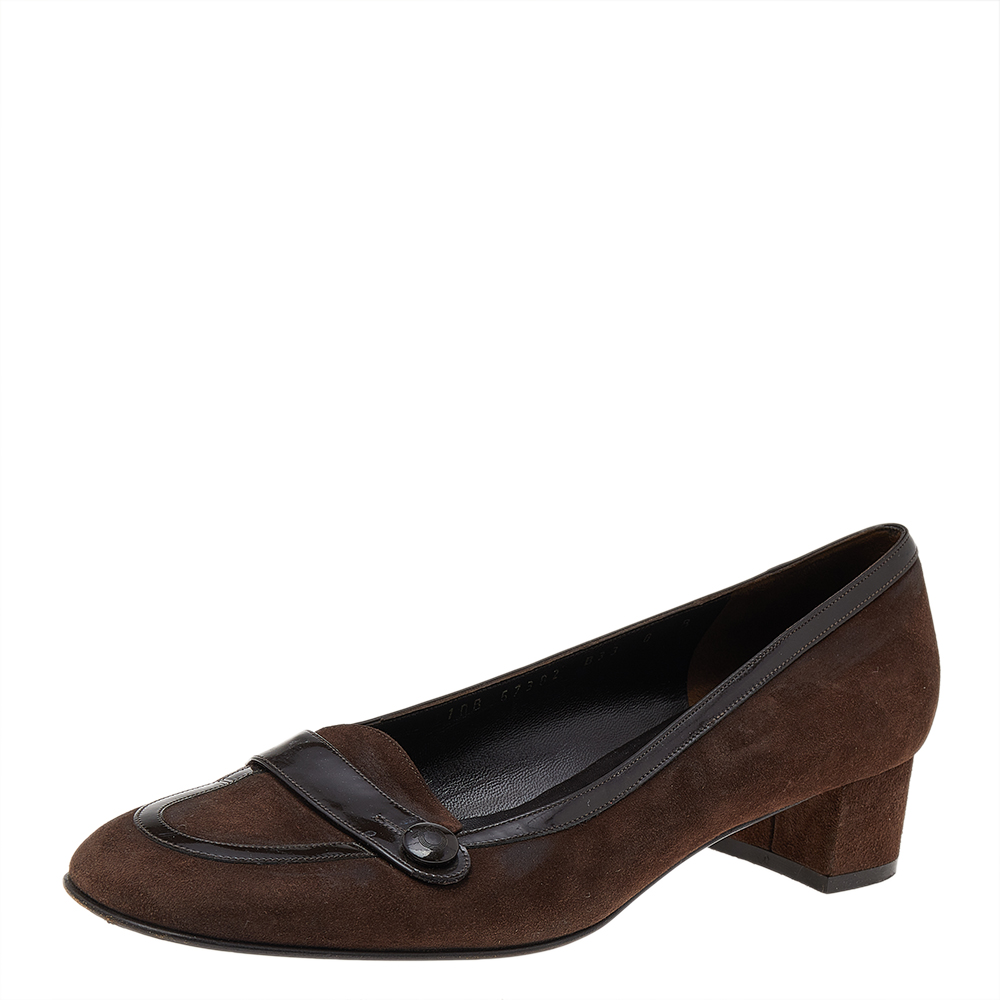 

Salvatore Ferragamo Dark Brown Suede And Patent Leather Block Heel Pumps Size