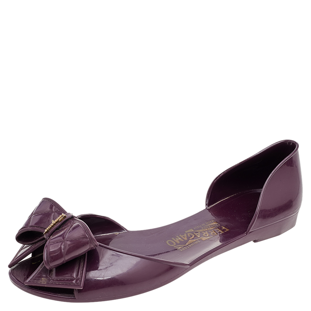 Salvatore Ferragamo Purple Jelly Bow Flat Sandals Size 39.5