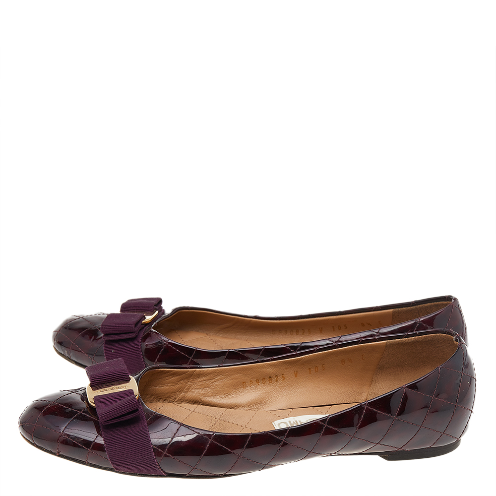 Salvatore Ferragamo Purple Quilted Patent Leather Vara Bow Ballet Flats Size 39
