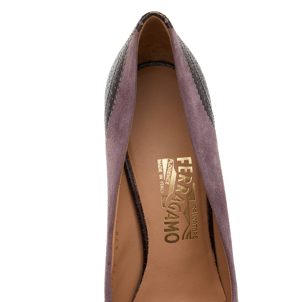 Salvatore Ferragamo Purple/Brown Leather And Suede Vara Bow Pumps Size 40.5