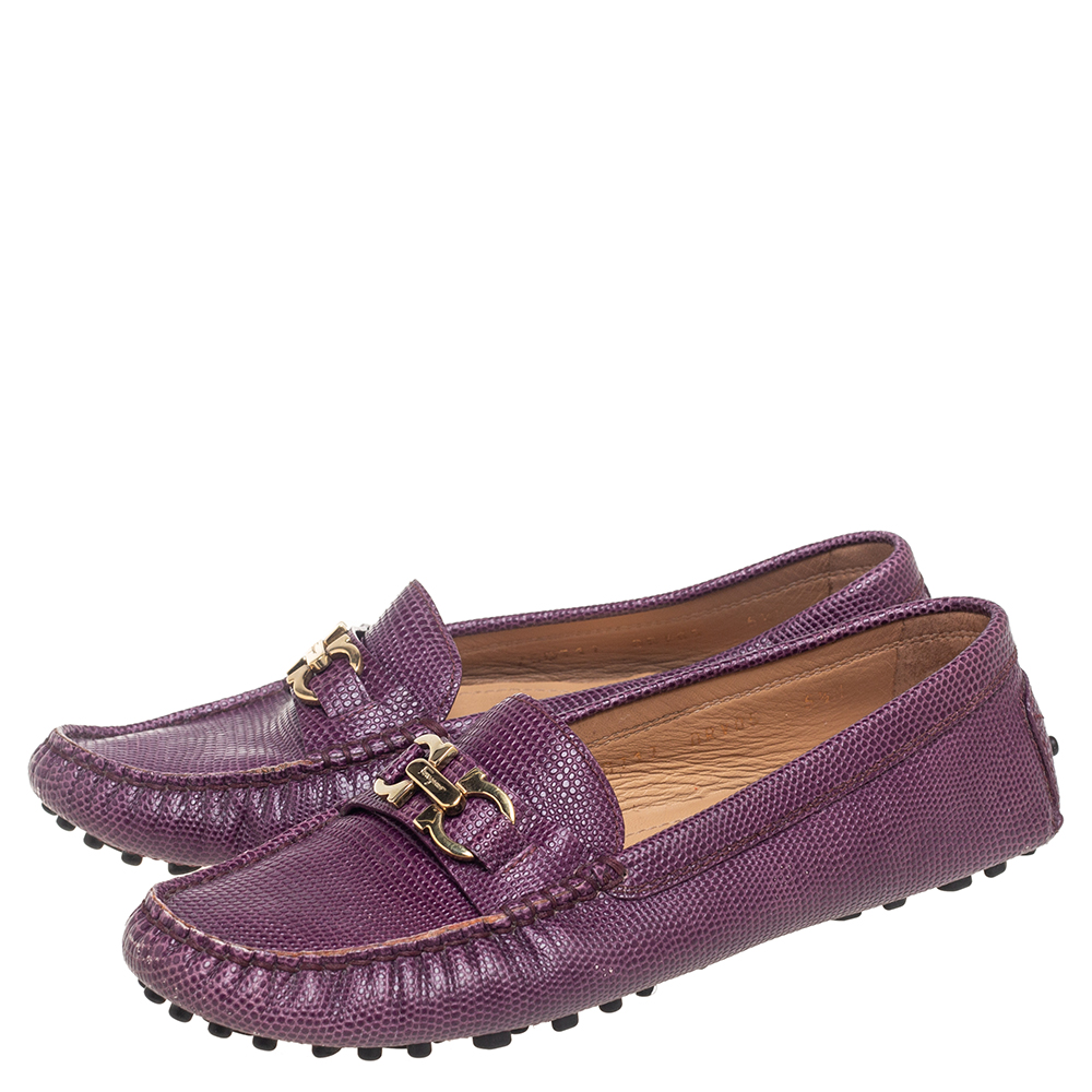 Salvatore Ferragamo Purple Lizard Embossed  Leather Gancini Bit Loafers Size 36