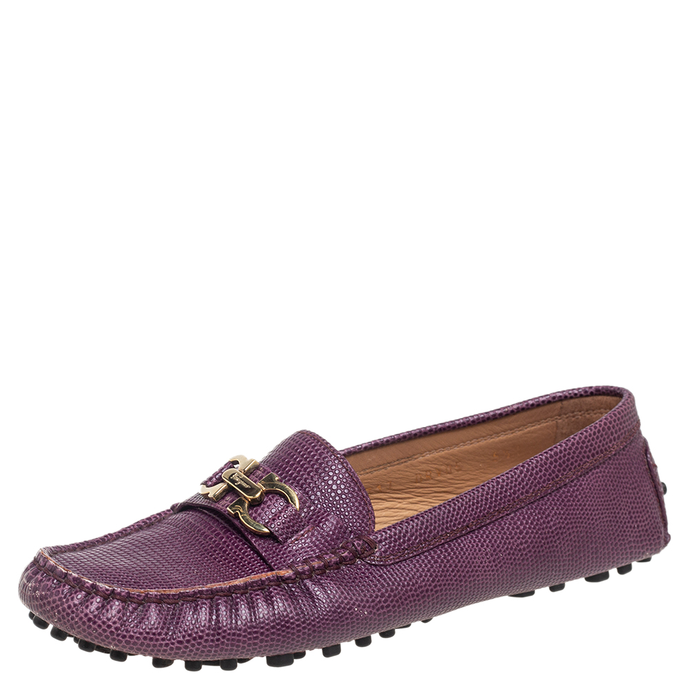 Salvatore ferragamo purple lizard embossed  leather gancini bit loafers size 36