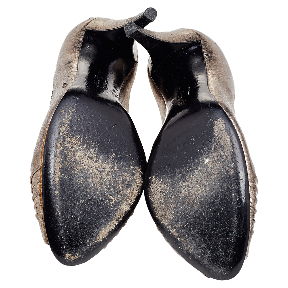 Salvatore Ferragamo Metallic Grey Leather Peep Toe Pumps Size 37.5