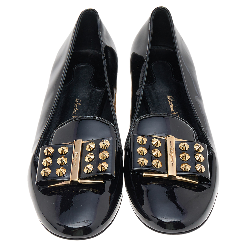 Salvatore Ferragamo Black Patent Leather Smoking Slippers Size 36.5