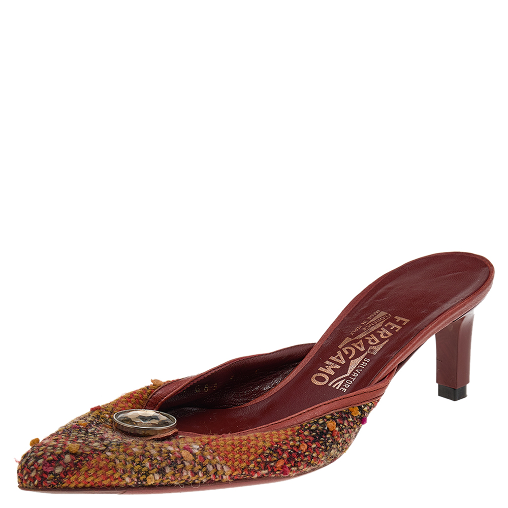 Salvatore Ferragamo Multicolor Tweed Crystal Embellished Pointed Toe Mule Sandals Size 38.5