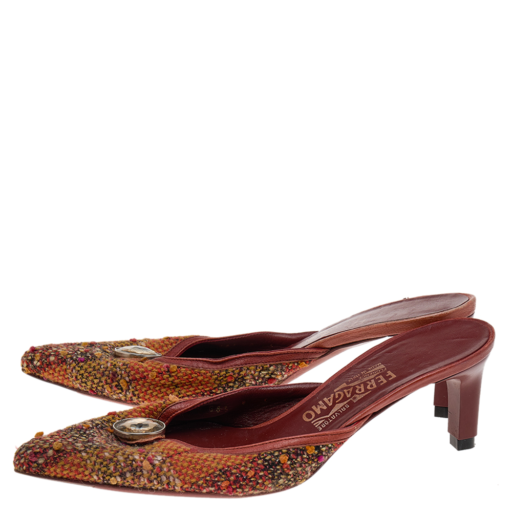 Salvatore Ferragamo Multicolor Tweed Crystal Embellished Pointed Toe Mule Sandals Size 38.5