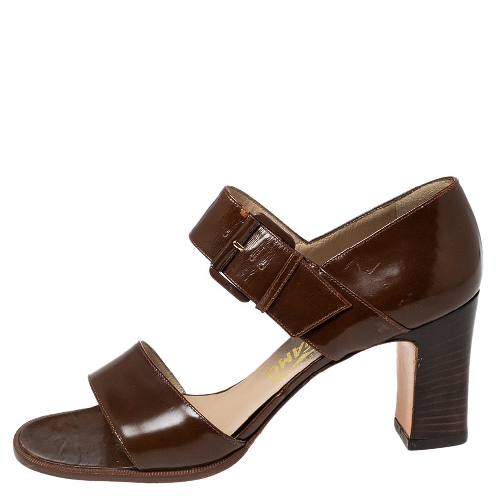 Salvatore Ferragamo Brown Leather Buckle Straps Sandals Size 37.5