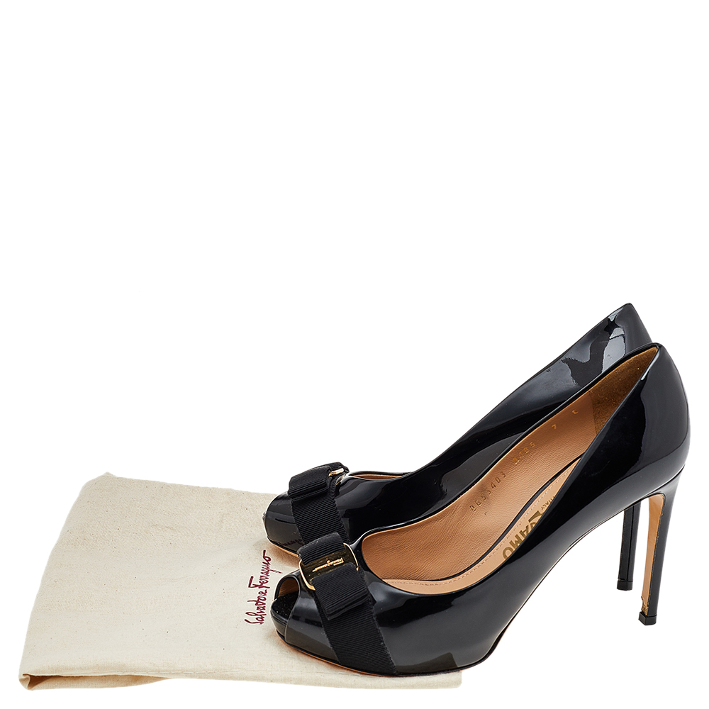 Salvatore Ferragamo Black Patent Leather Vara Bow Peep Toe Pumps Size 41