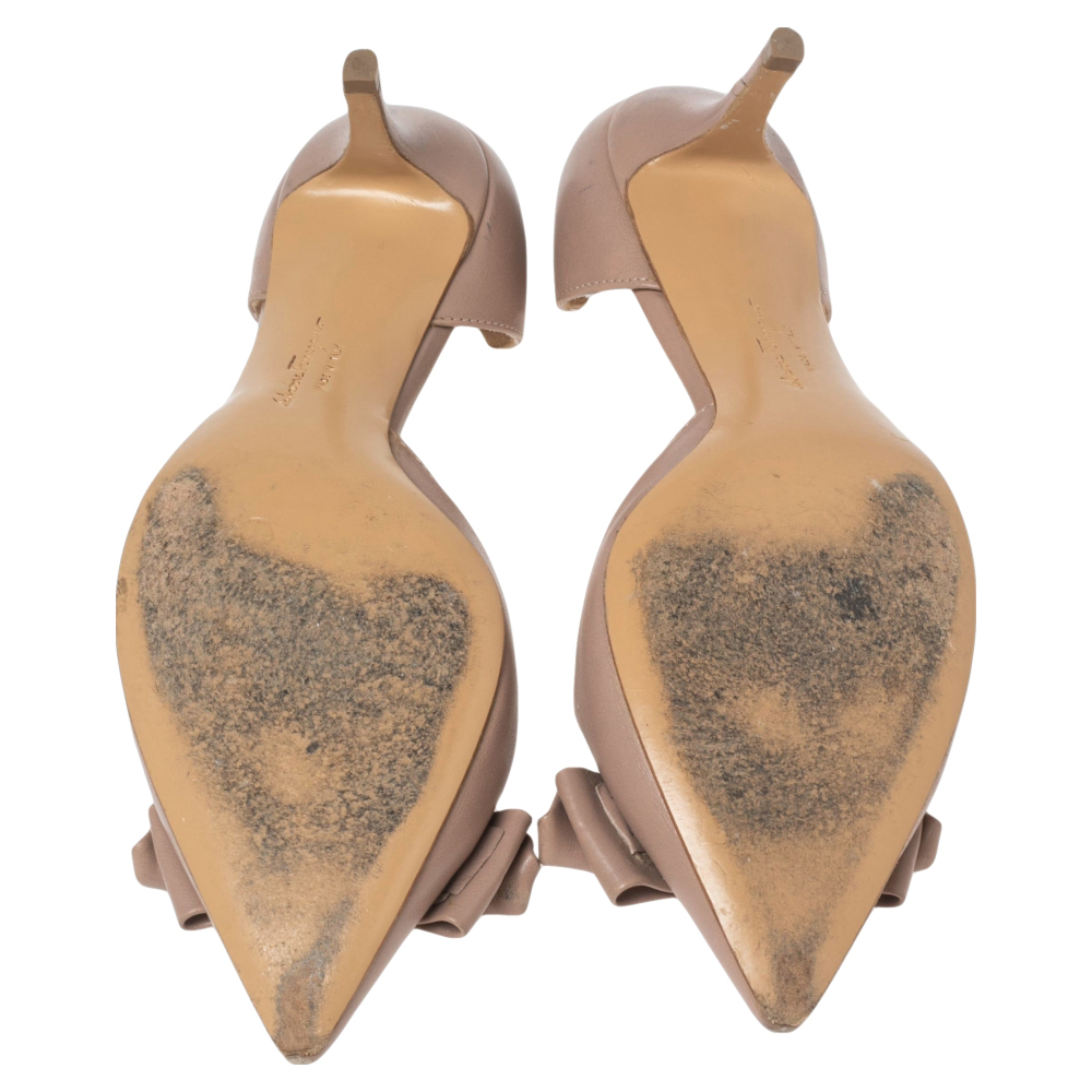 Salvatore Ferragamo Beige  Leather  Bow Rietta D’orsay Pointed Toe Pumps Size 37