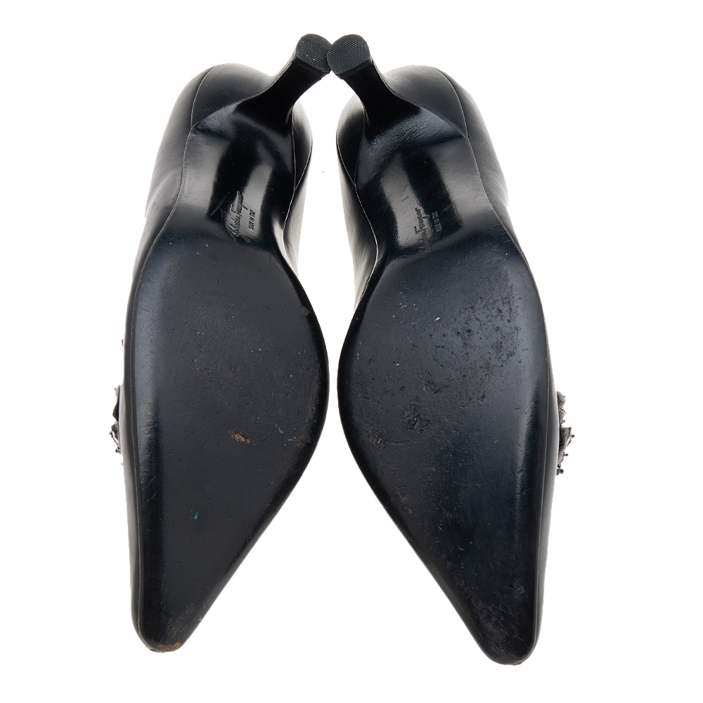 Salvatore Ferragamo Black Leather Crystal Embellished Pumps Size 38.5