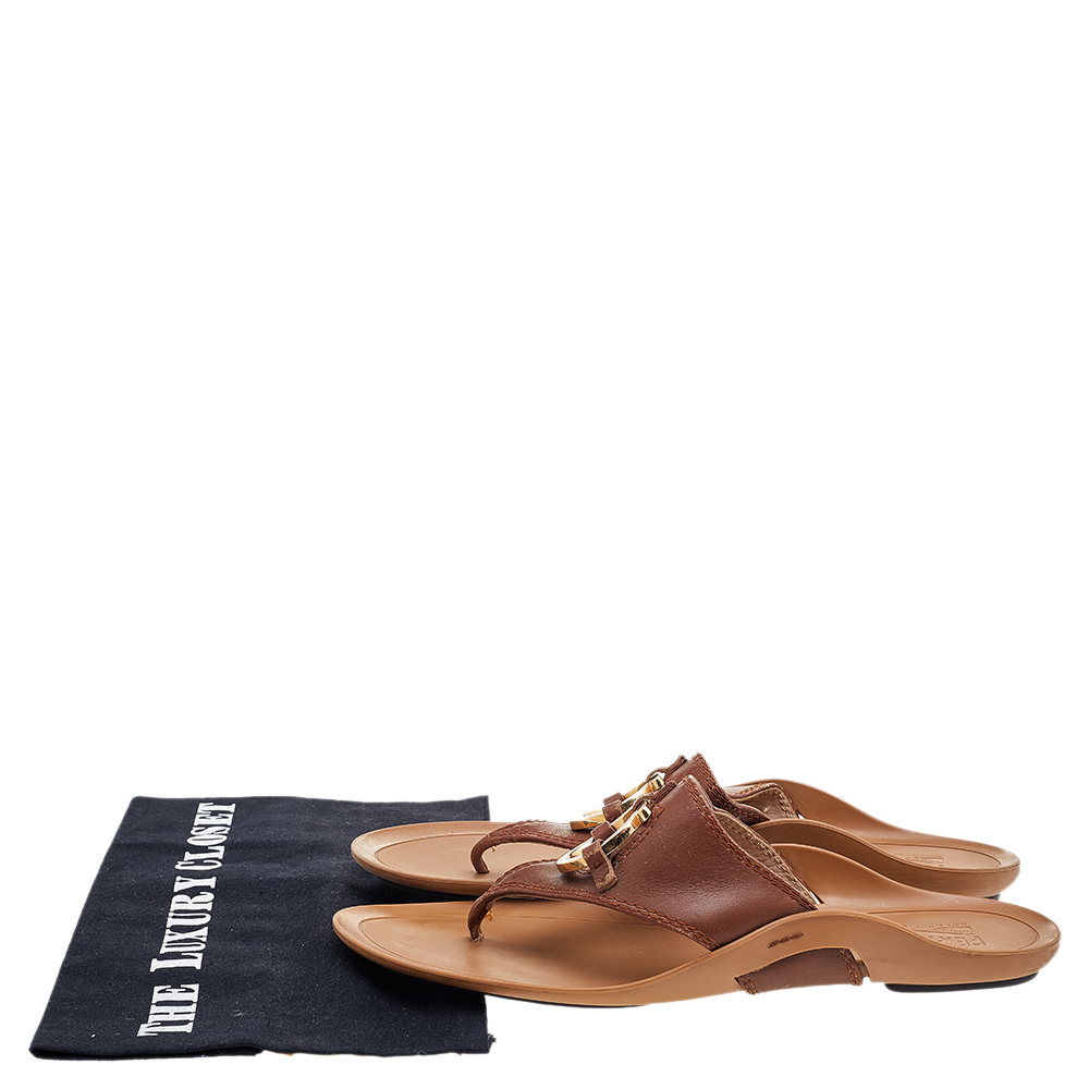 Salvatore Ferragamo Brown Leather Gancini Thong Flats Size 40