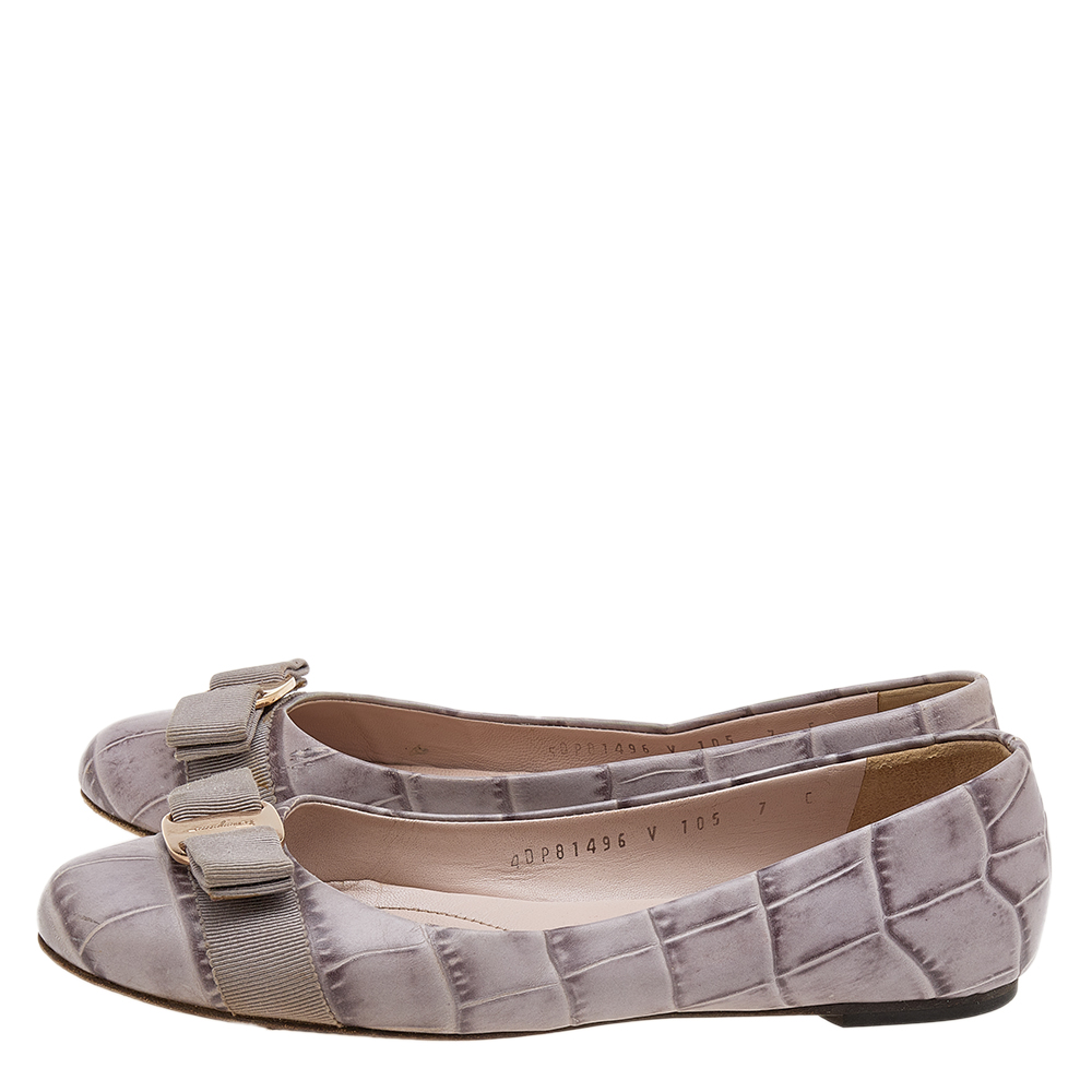 Salvatore Ferragamo Grey Croc Embossed Leather Varina Ballet Flats Size 37.5