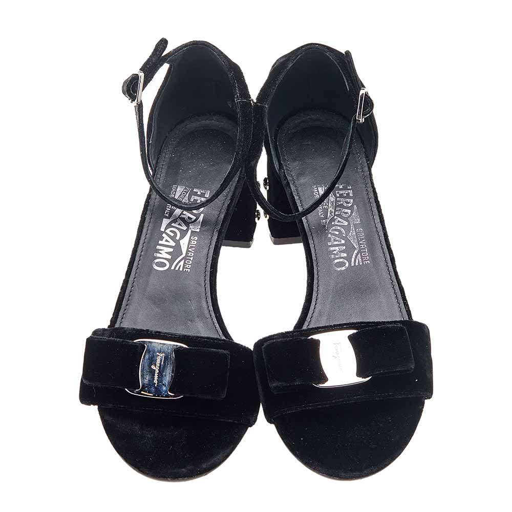 Salvatore Ferragamo Black Velvet Studded Block Heel Ankle Strap Sandals Size 38