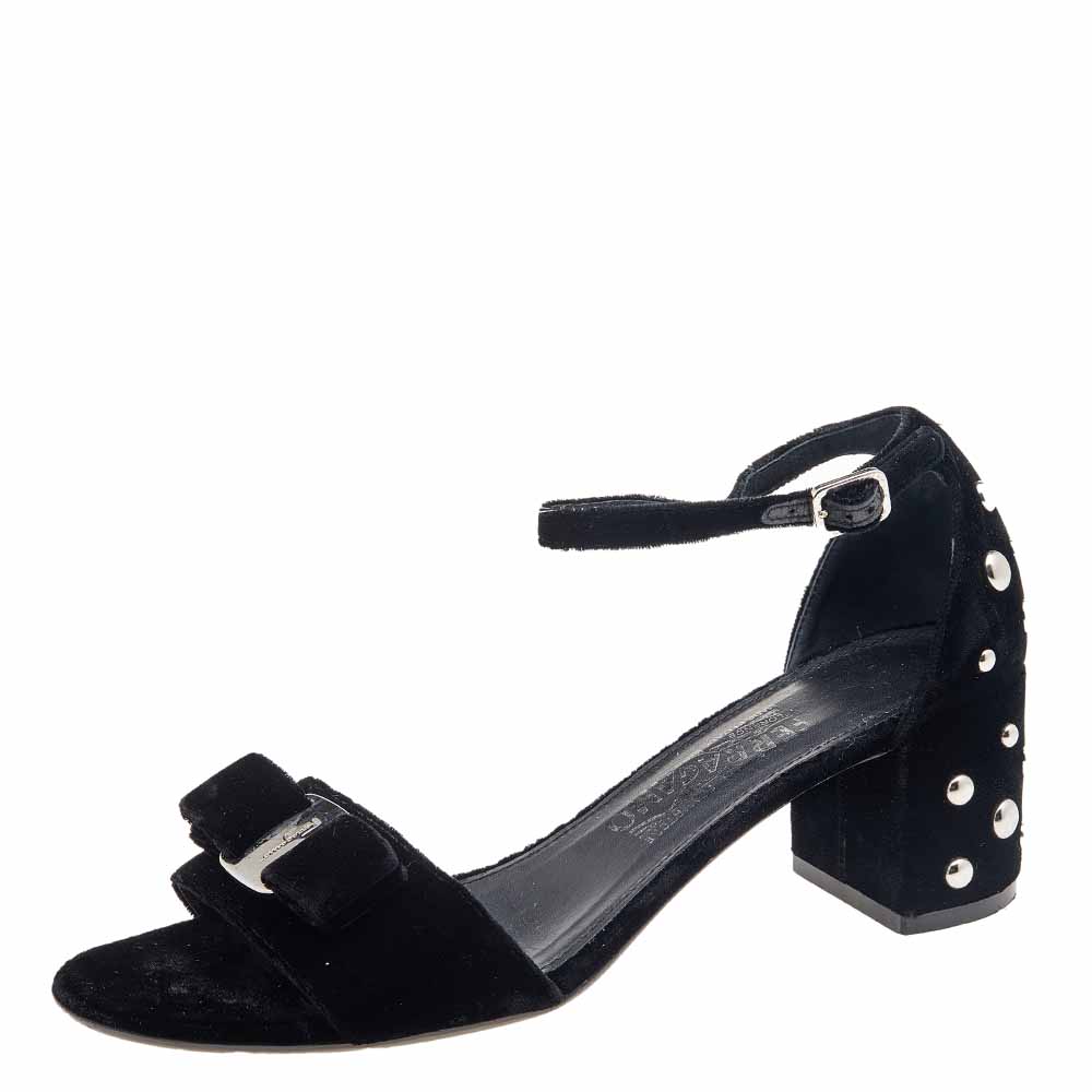 Salvatore ferragamo black velvet studded block heel ankle strap sandals size 38