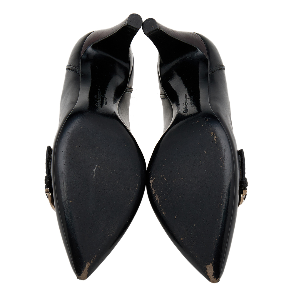 Salvatore Ferragamo Black Leather Buckle Detail Pointed Toe Pumps Size 38.5
