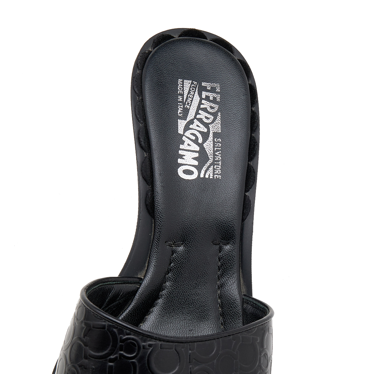 Salvatore Ferragamo Black Gancini Embossed Leather Slide Sandals Size 40