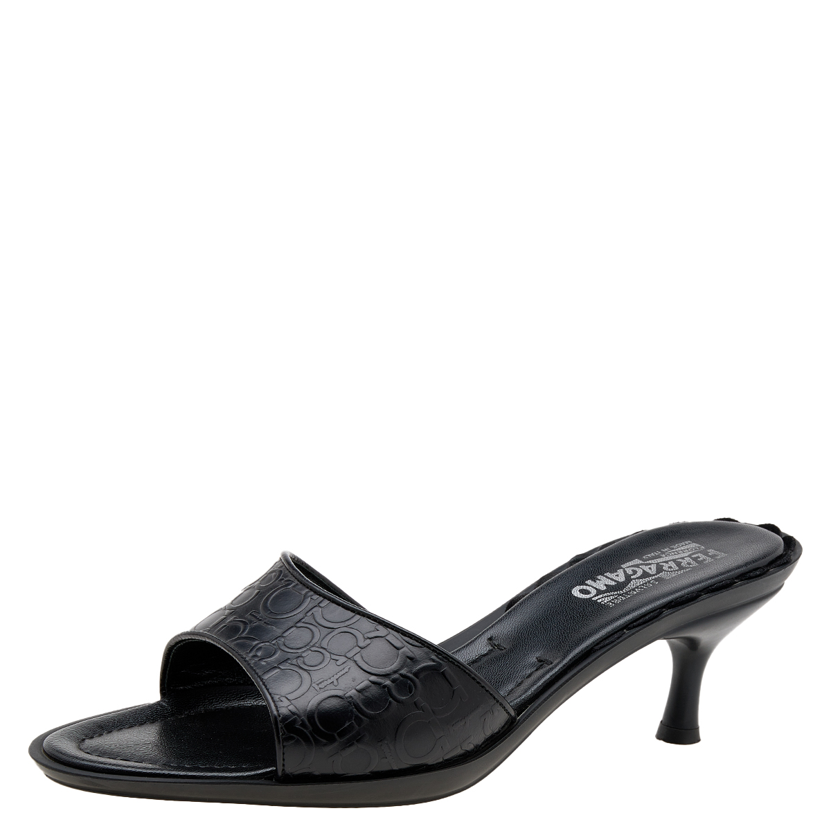 Salvatore ferragamo black gancini embossed leather slide sandals size 40