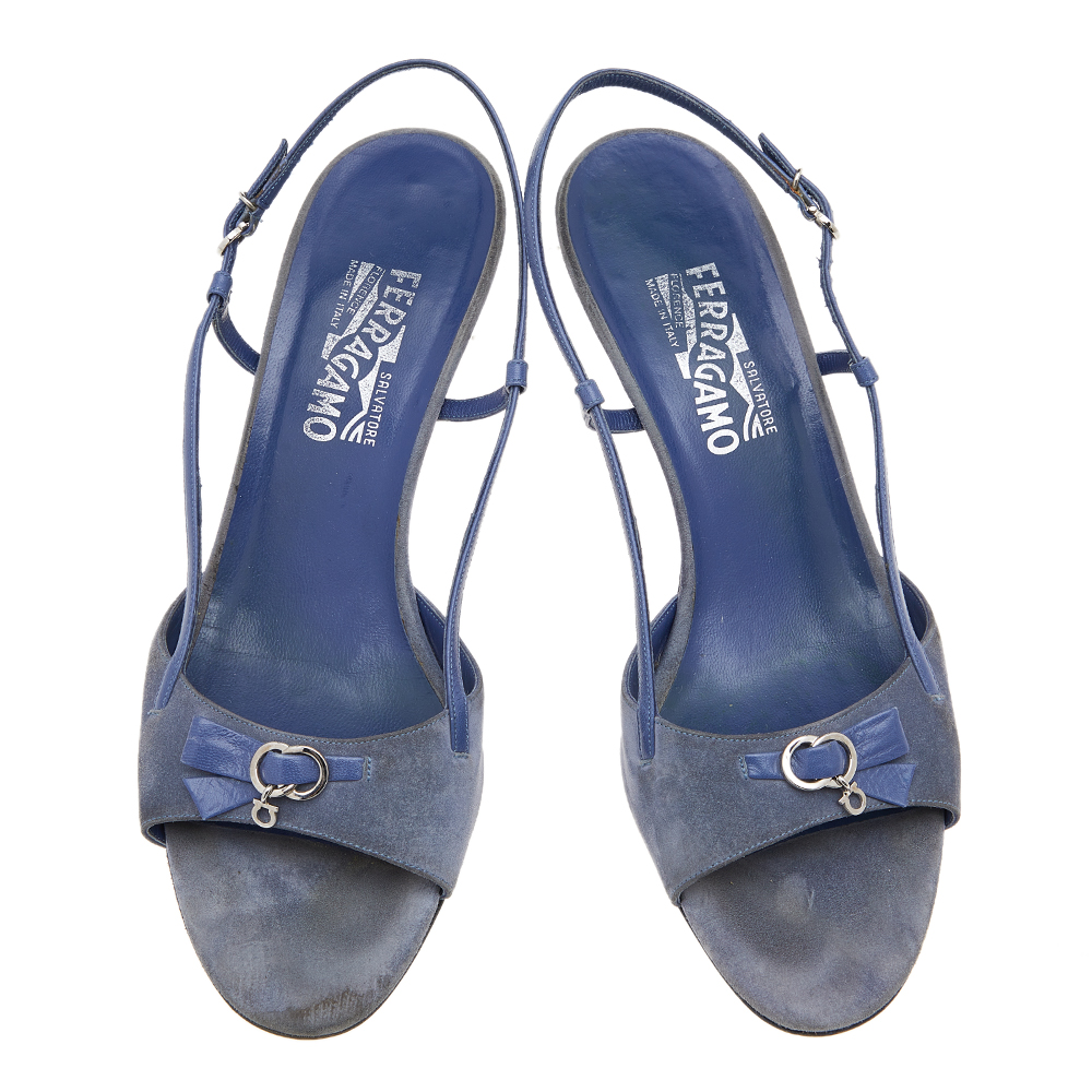 Salvatore Ferragamo Blue Suede And Leather Slingback Sandals Size 40