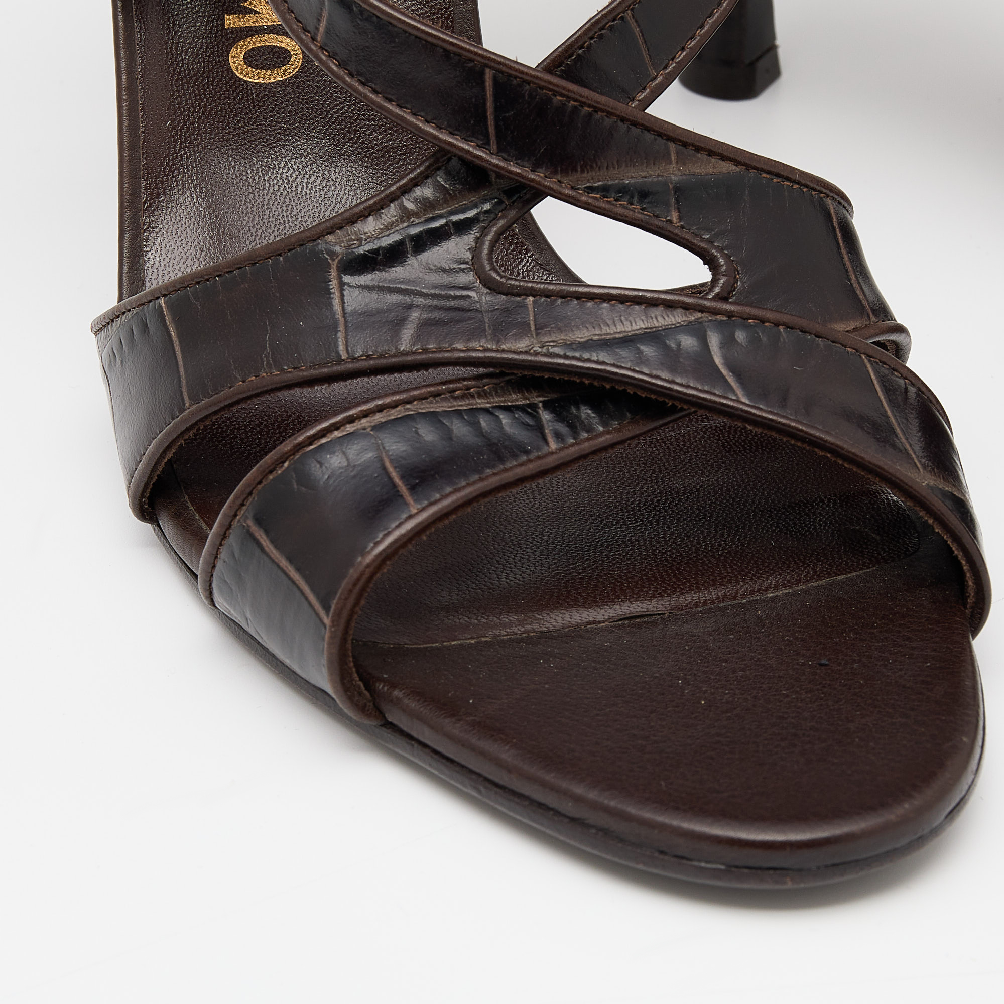 Salvatore Ferragamo Dark Brown Croc Embossed Leather Slingback Sandals Size 40