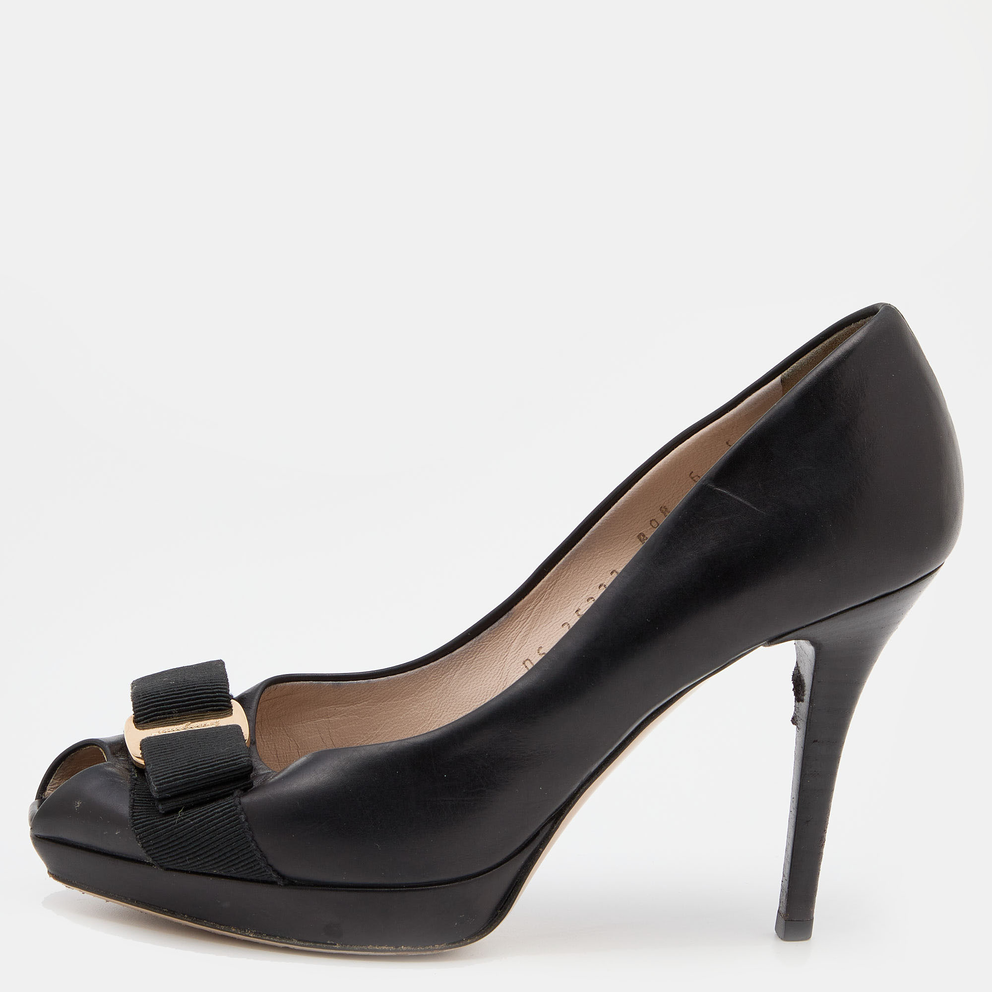 Salvatore Ferragamo Black Leather Vara Bow Peep Toe Pumps Size 36.5