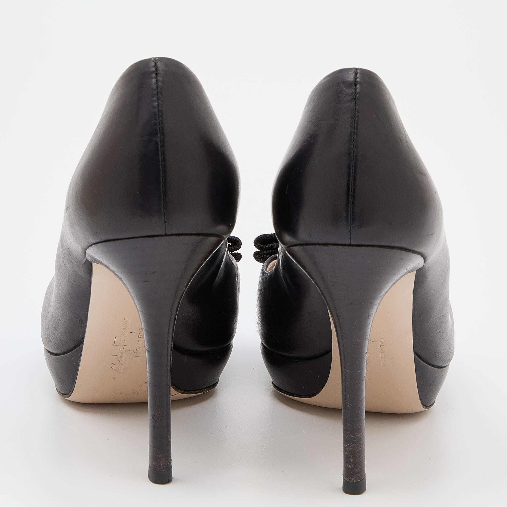 Salvatore Ferragamo Black Leather Vara Bow Peep Toe Pumps Size 36.5