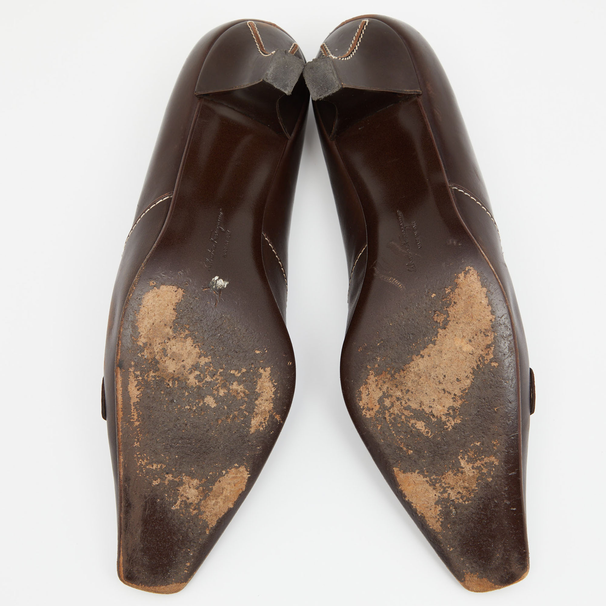 Salvatore Ferragamo Vintage Brown Leather Pointed Toe Pumps Size 40.5