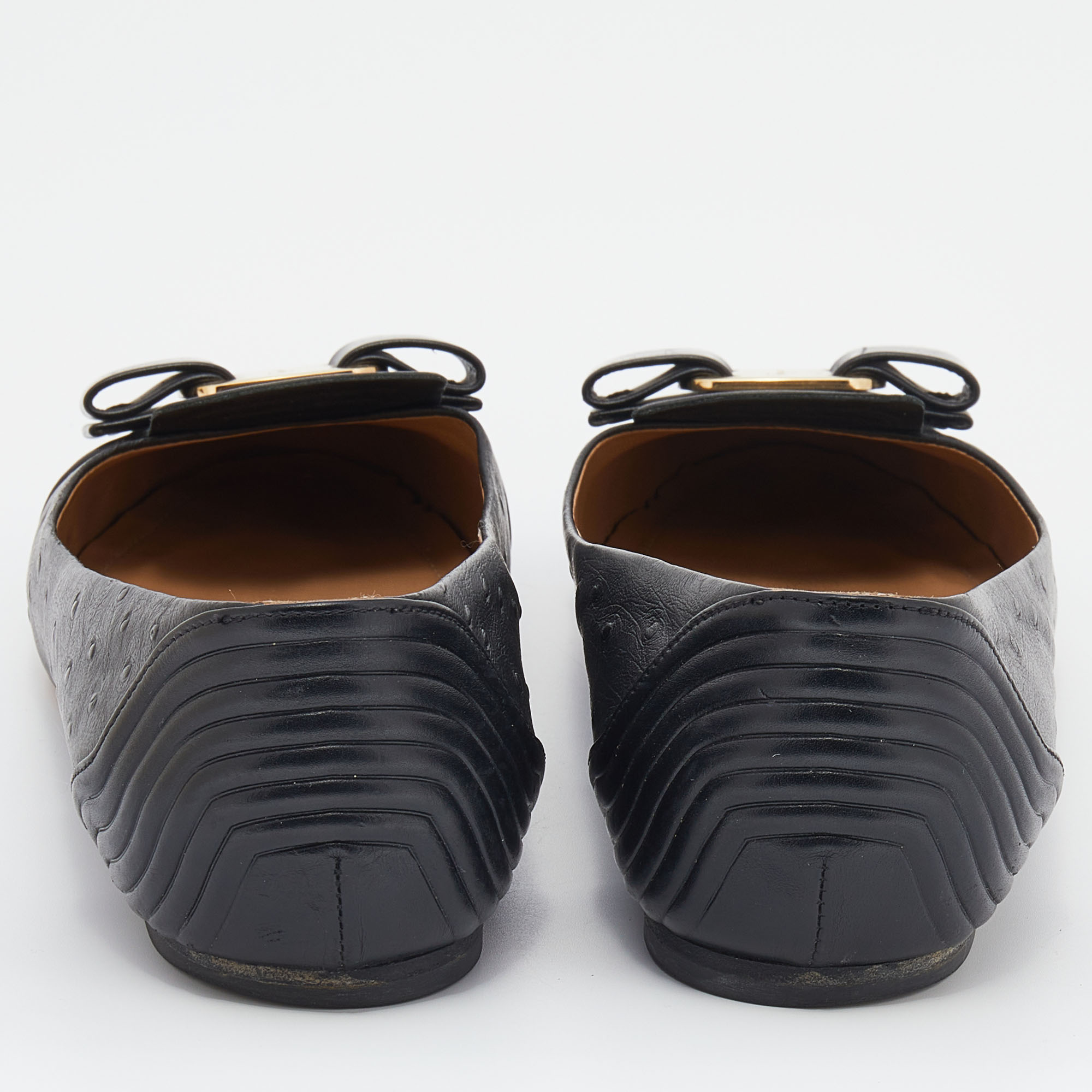 Salvatore Ferragamo Black Ostrich Embossed Leather Vara Bow Ballet Flats Size 37