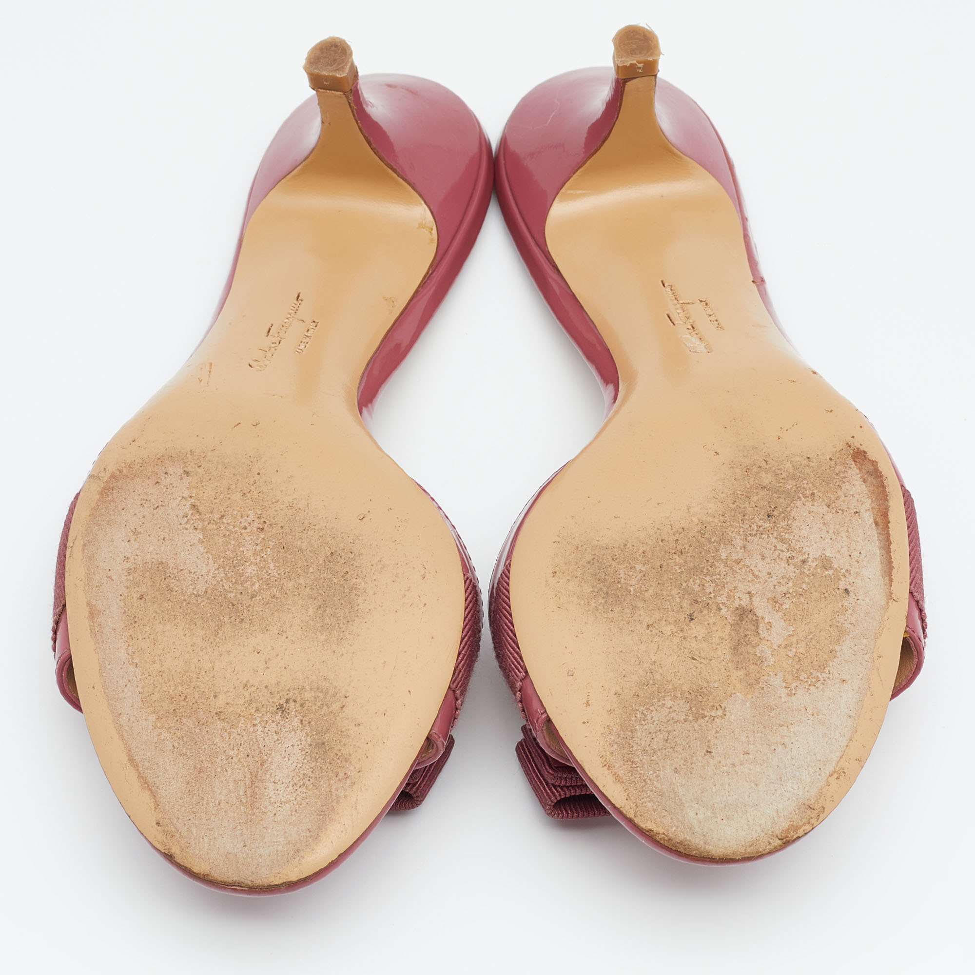 Salvatore Ferragamo Pink Patent Glory Bow Sandals Size 37.5