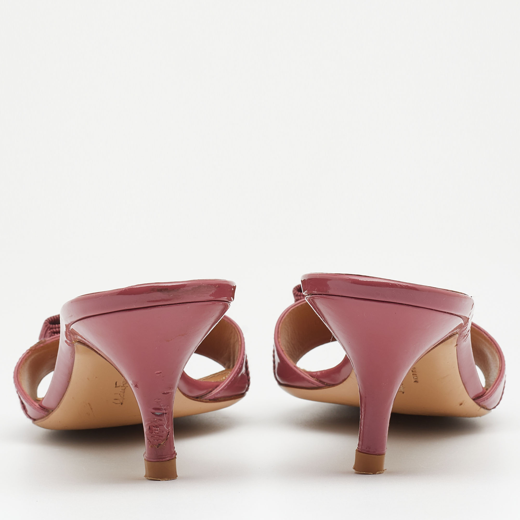 Salvatore Ferragamo Pink Patent Glory Bow Sandals Size 37.5