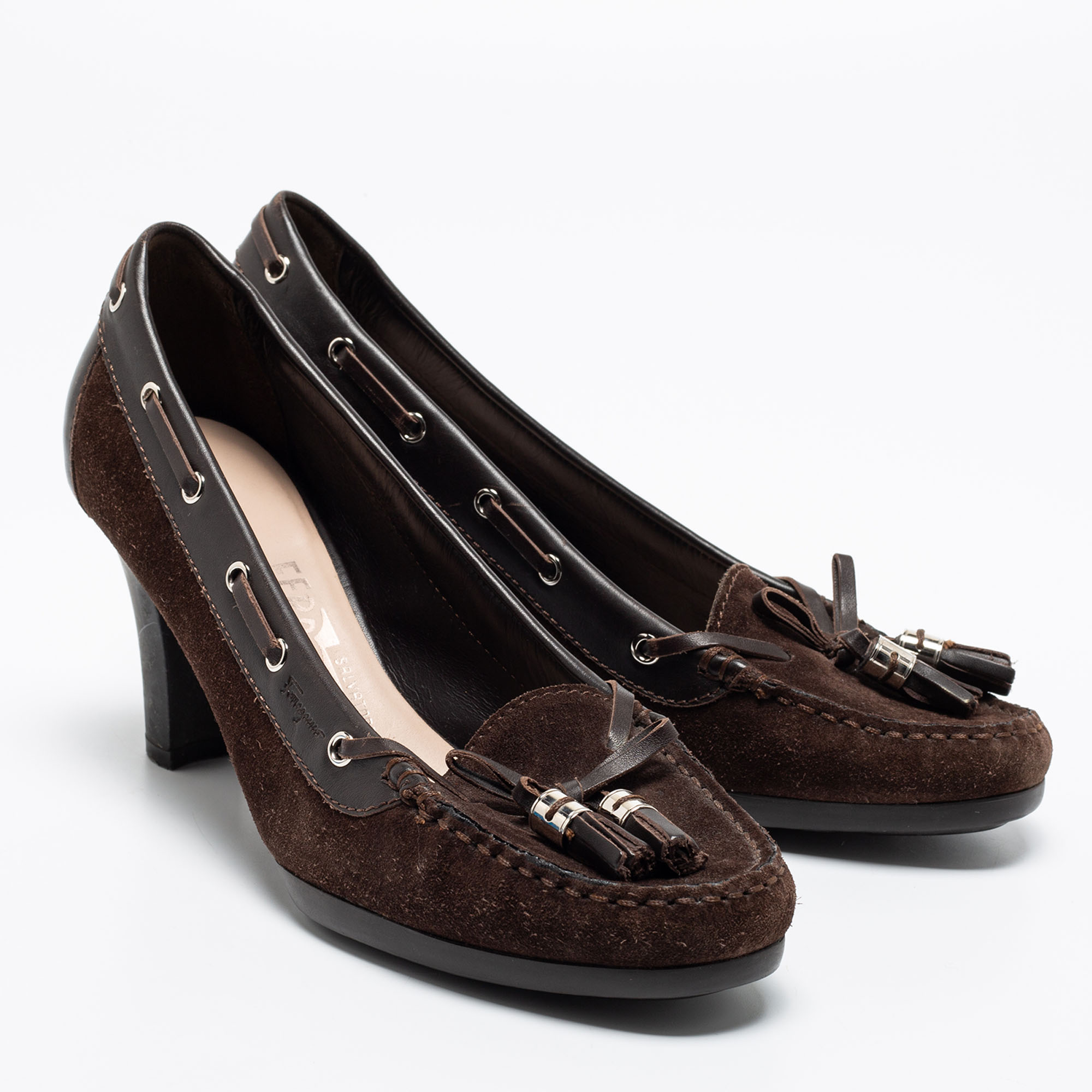Salvatore Ferragamo Brown Suede And Leather Loafer Pumps Size 37