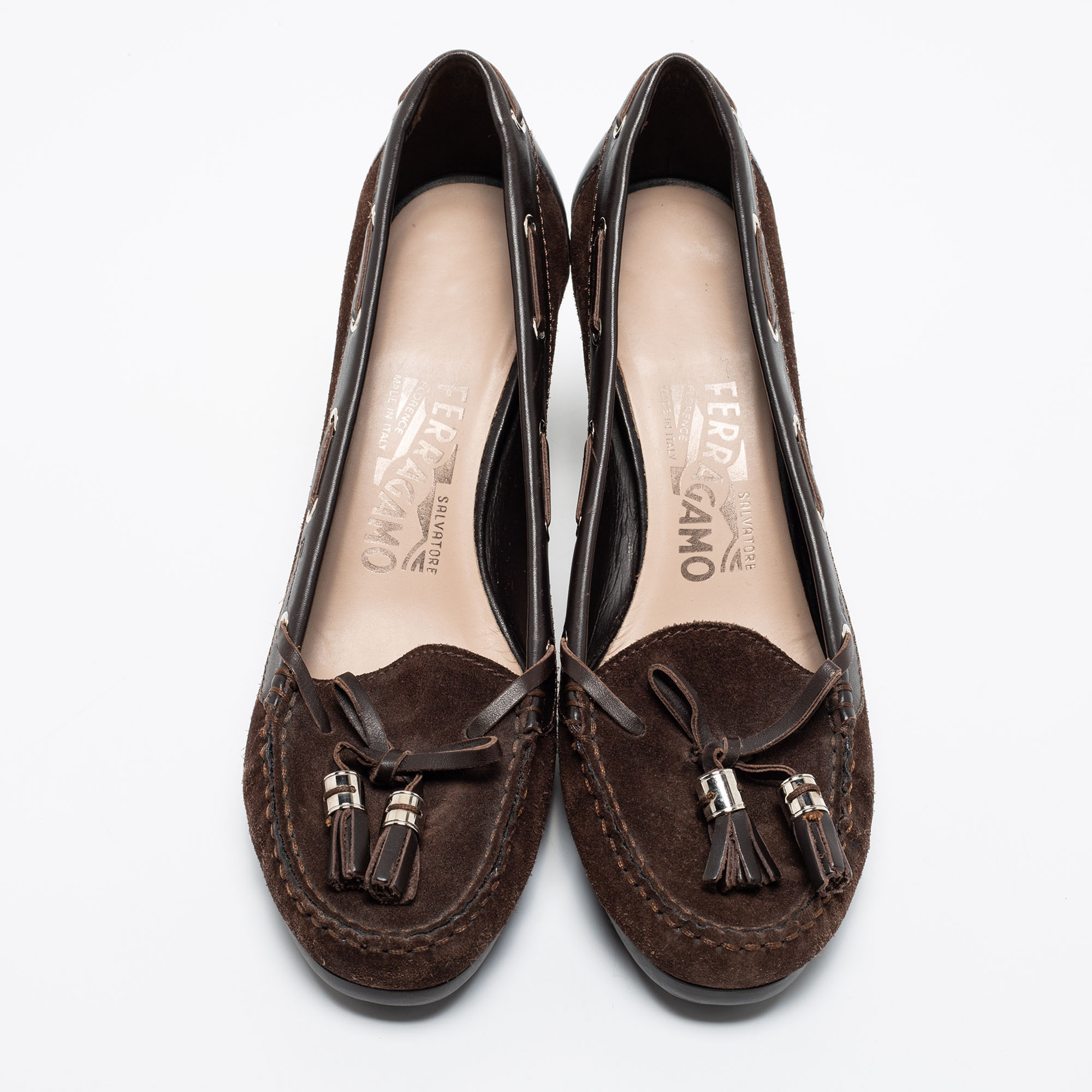 Salvatore Ferragamo Brown Suede And Leather Loafer Pumps Size 37